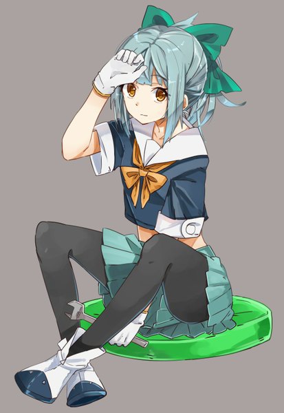 Anime-Bild 1000x1450 mit kantai collection yuubari light cruiser taiki (ozone) single long hair tall image looking at viewer fringe simple background sitting yellow eyes ponytail pleated skirt grey hair grey background girl skirt gloves uniform bow