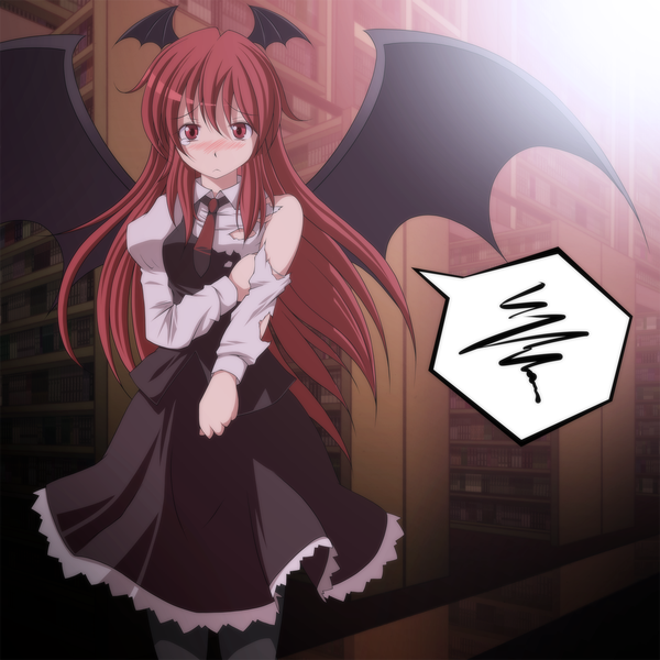 Anime picture 1500x1500 with touhou koakuma s-syogo single long hair blush red eyes red hair indoors tears torn clothes head wings girl skirt wings necktie skirt set speech bubble library
