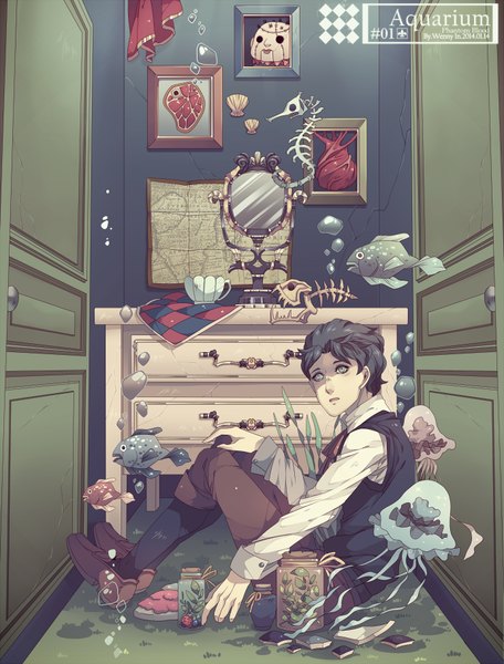 Anime picture 692x909 with jojo no kimyou na bouken jonathan joestar wenny02 single tall image short hair blue eyes black hair sitting signed looking away underwater skeleton boy animal shirt white shirt bubble (bubbles) fish (fishes) cup