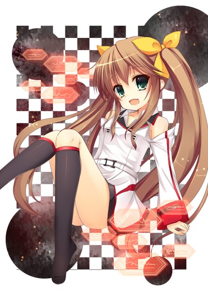 Anime picture 1000x1414 with infinite stratos 8bit fang linyin if (asita) single long hair tall image open mouth light erotic brown hair twintails green eyes girl uniform bow hair bow school uniform socks black socks