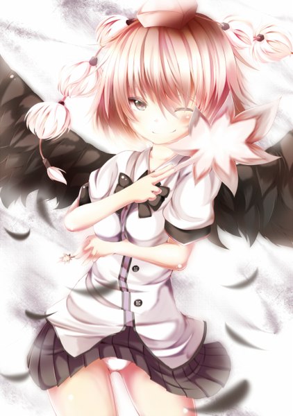 Anime picture 1000x1422 with touhou shameimaru aya umagenzin single tall image blush short hair light erotic blonde hair smile brown eyes one eye closed wink pantyshot girl skirt hat miniskirt wings fan