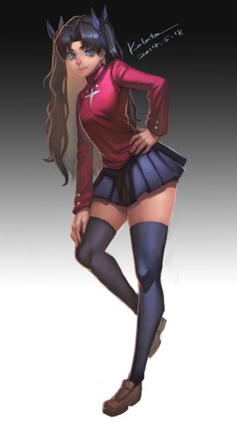 Anime picture 4027x7198 with fate (series) fate/stay night type-moon toosaka rin kalata single long hair tall image looking at viewer highres blue eyes black hair absurdres bent knee (knees) lips zettai ryouiki hand on hip dark skin girl thighhighs
