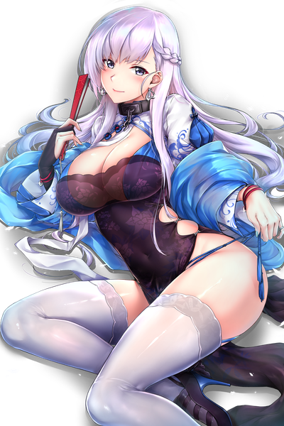 Anime picture 4000x6000 with azur lane belfast (azur lane) belfast (iridescent rose) (azur lane) rei kun single long hair tall image looking at viewer blush fringe highres breasts light erotic smile large breasts purple eyes holding absurdres cleavage purple hair