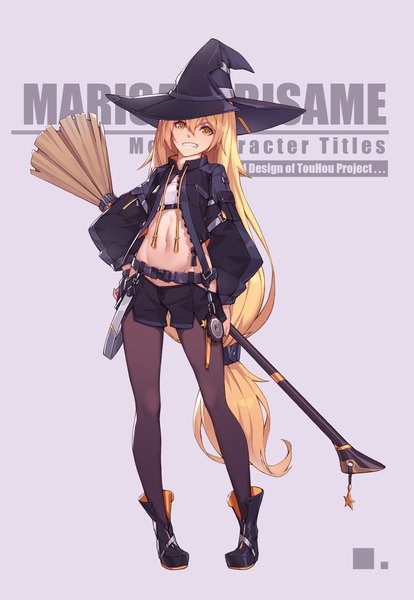 Anime picture 2000x2900 with touhou kirisame marisa nian (zhanian) single tall image looking at viewer fringe highres simple background blonde hair smile hair between eyes standing yellow eyes full body long sleeves very long hair open jacket character names grin
