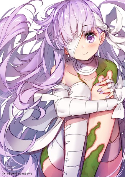 Anime picture 636x900 with fate (series) fate/grand order kingprotea hong (white spider) single tall image looking at viewer blush fringe light erotic simple background smile white background sitting purple eyes signed very long hair nail polish head tilt fingernails