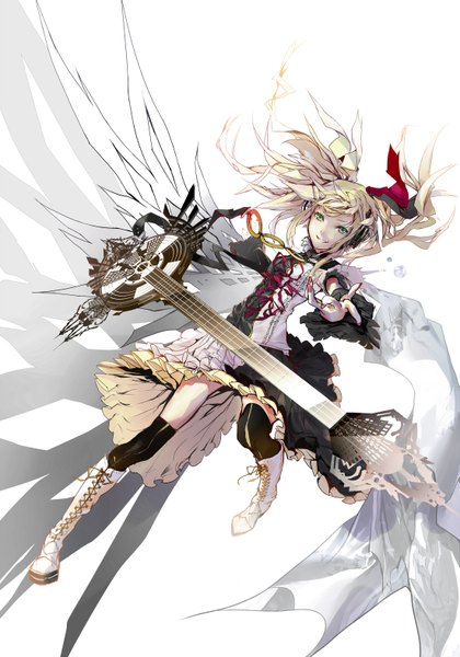 Anime picture 1101x1574 with vocaloid meltdown (vocaloid) kagamine rin redjuice single long hair tall image blonde hair smile white background green eyes girl thighhighs dress ribbon (ribbons) detached sleeves wings headphones musical instrument guitar