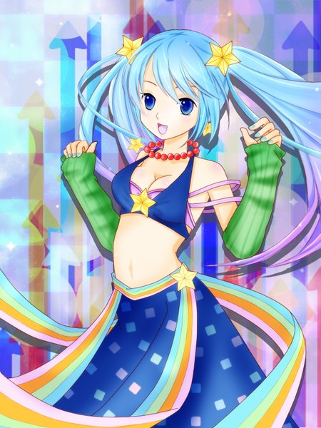 Anime picture 1200x1600 with league of legends sona buvelle arcade sona (league of legends) single long hair tall image open mouth blue eyes smile twintails cleavage multicolored hair midriff girl skirt navel hair ornament detached sleeves star hair ornament