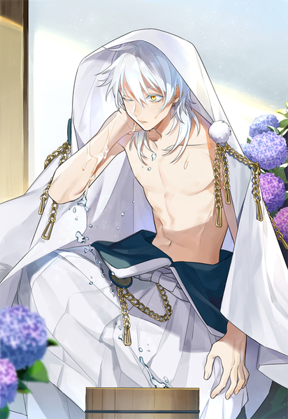 Anime picture 600x872 with touken ranbu nitroplus tsurumaru kuninaga inkerpape single long hair tall image light erotic hair between eyes sitting yellow eyes white hair traditional clothes japanese clothes one eye closed wet hand on head boy flower (flowers) splashes