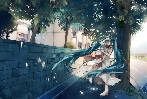 Anime picture 1268x855 with vocaloid hatsune miku tsukioka tsukiho long hair twintails blue hair outdoors very long hair wind girl plant (plants) hat tree (trees) road