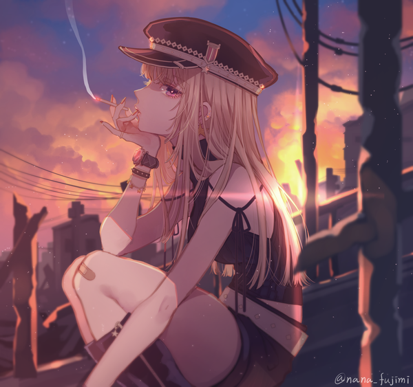 Anime picture 2614x2456 with original 778-go single long hair looking at viewer fringe highres blonde hair signed sky cloud (clouds) outdoors profile pink eyes sunlight twitter username piercing evening ear piercing sunset