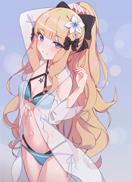 Anime picture 1309x1800 with princess connect! re:dive princess connect! saren (princess connect!) lunia single long hair tall image blush fringe breasts blue eyes light erotic blonde hair smile payot ponytail blunt bangs arm up pointy ears shiny skin