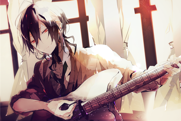 Anime-Bild 1200x800 mit ensemble stars! sakuma rei (ensemble stars!) poni (rito) single fringe short hair black hair hair between eyes red eyes piercing looking down ear piercing playing instrument boy curtains musical instrument guitar electric guitar