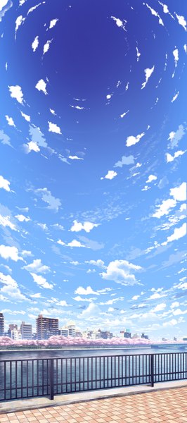 Anime picture 1200x2700 with step to you (vocaloid) yonasawa (artist) tall image sky cloud (clouds) cherry blossoms city cityscape no people river building (buildings)