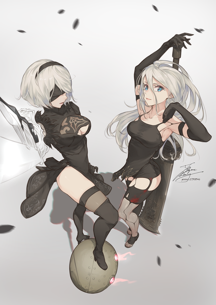 Anime picture 1061x1500 with nier nier:automata yorha no. 2 type b yorha type a no. 2 fadingz long hair tall image looking at viewer fringe short hair breasts blue eyes light erotic simple background smile hair between eyes standing multiple girls holding signed