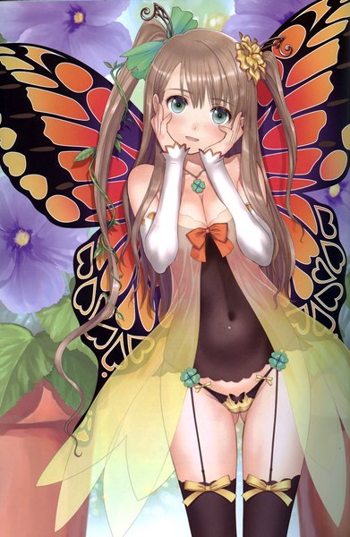 Anime picture 1959x3004 with tony taka single long hair tall image looking at viewer blush highres open mouth blue eyes light erotic brown hair scan official art insect wings butterfly wings girl thighhighs underwear panties bow