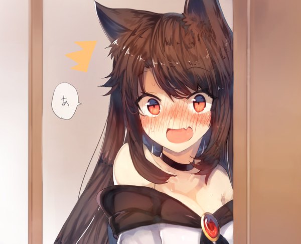 Anime picture 2274x1844 with touhou imaizumi kagerou kasuka (kusuki) single long hair looking at viewer blush highres open mouth red eyes brown hair bare shoulders animal ears payot upper body fang (fangs) wolf ears girl choker speech bubble