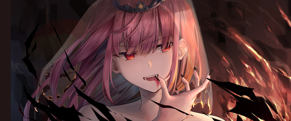 Anime picture 4715x1957 with virtual youtuber hololive hololive english mori calliope nanaomi (ryniix) single long hair fringe highres red eyes wide image looking away pink hair blunt bangs nail polish face hand to mouth girl tiara veil