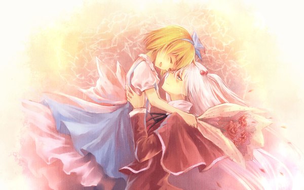 Anime picture 1280x800 with touhou alice margatroid shinki (touhou) kieta blue eyes blonde hair wide image white hair one side up mother and daughter girl hair ornament hairband hair tie bouquet hair bobbles