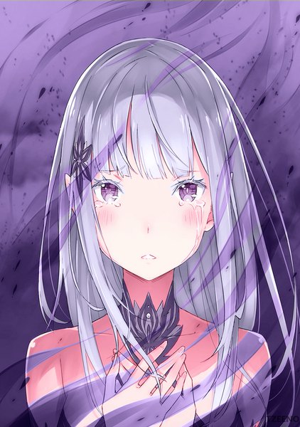 Anime picture 650x925 with re:zero kara hajimeru isekai seikatsu white fox satella (re:zero) ootsuka shin'ichirou single long hair tall image looking at viewer blush open mouth purple eyes bare shoulders silver hair upper body parted lips pointy ears official art tears coloring portrait