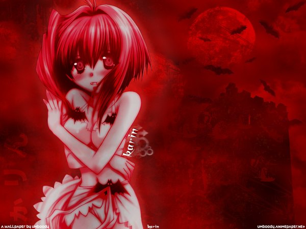 Anime picture 1600x1200 with karin j.c. staff maaka karin single looking at viewer open mouth red eyes standing red hair teeth fang (fangs) torn clothes red background covering covering breasts vampire girl animal moon full moon