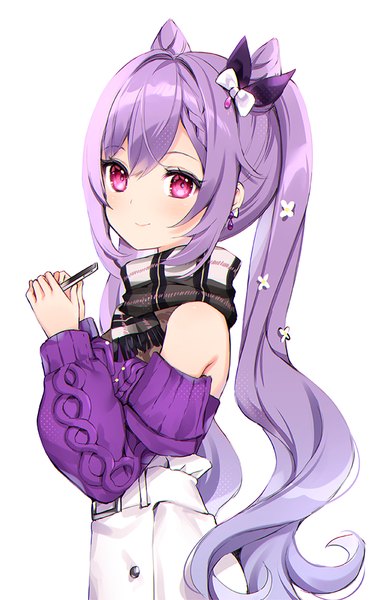 Anime picture 643x1000 with genshin impact keqing (genshin impact) keqing (lantern rite) (genshin impact) nami (nyaa) single long hair tall image looking at viewer fringe simple background smile hair between eyes white background twintails purple hair upper body pink eyes hair bun (hair buns) official alternate costume girl