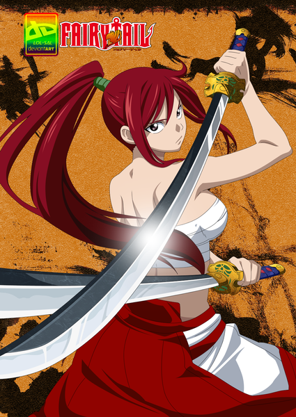 Anime picture 1000x1413 with fairy tail erza scarlet sal-88 single long hair tall image light erotic simple background bare shoulders holding brown eyes ponytail red hair looking back inscription coloring light dual wielding girl weapon