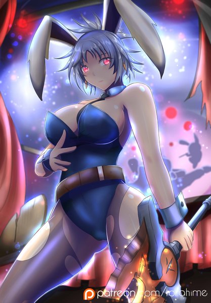 Anime picture 1280x1843 with league of legends riven (league of legends) teemo (league of legends) battle bunny riven lee sin (league of legends) torahime (roland00) tall image looking at viewer short hair breasts light erotic large breasts standing animal ears blue hair pink eyes bunny ears torn pantyhose girl weapon