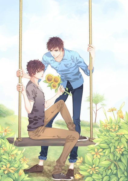 Anime picture 900x1273 with original snowcastel tall image short hair brown hair standing sitting holding brown eyes sky cloud (clouds) multiple boys leaning leaning forward twisty sleeves nature boy flower (flowers) plant (plants) shirt