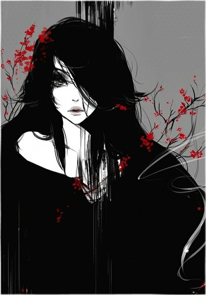Anime picture 725x1038 with original bluesaga331 single long hair tall image looking at viewer fringe simple background parted lips lips hair over one eye grey background monochrome spot color girl flower (flowers) branch