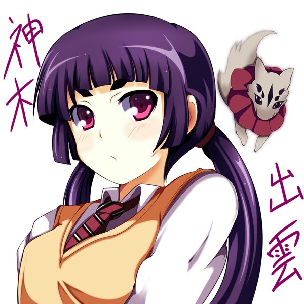 Anime picture 1000x1000 with ao no exorcist a-1 pictures kamiki izumo byakko (ao no exorcist) nekur single long hair blush fringe simple background white background twintails looking away purple hair pink eyes hieroglyph girl uniform school uniform animal