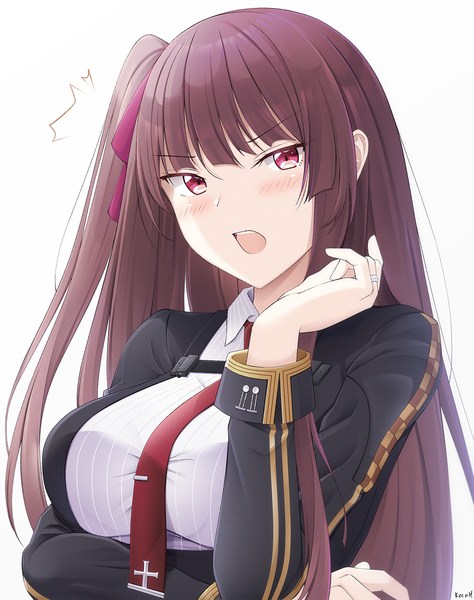 Anime picture 1185x1500 with girls frontline wa2000 (girls frontline) keenh single long hair tall image looking at viewer blush open mouth simple background red eyes brown hair white background upper body one side up girl ribbon (ribbons) hair ribbon necktie