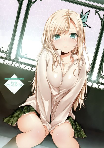 Anime picture 1088x1546 with boku wa tomodachi ga sukunai kashiwazaki sena buriki single long hair tall image light erotic blonde hair sitting green eyes official art girl uniform hair ornament school uniform wings insect butterfly butterfly hair ornament