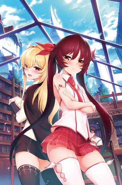 Anime picture 815x1230 with tanaka the wizard ester fitz clarence mdastarou long hair tall image looking at viewer blush fringe open mouth blonde hair red eyes twintails bare shoulders multiple girls brown eyes sky red hair indoors looking back zettai ryouiki