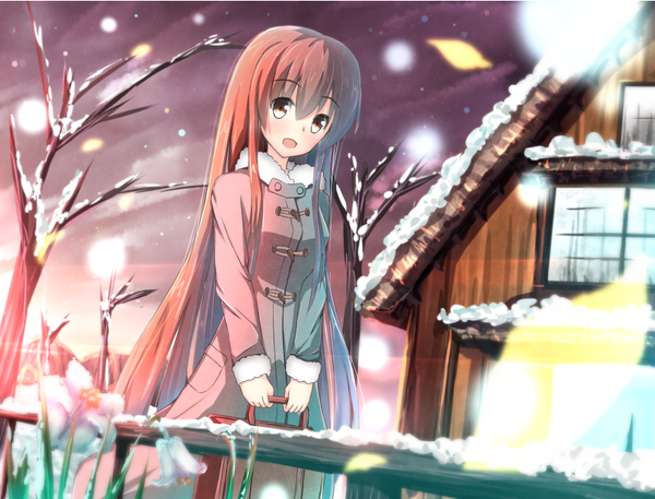 Anime picture 1157x882 with original shirotaso0818 single long hair blush open mouth brown hair brown eyes cloud (clouds) snowing winter snow girl plant (plants) tree (trees) coat house