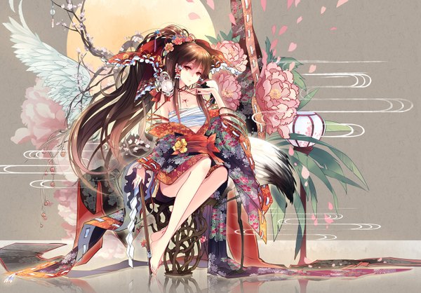 Anime picture 1432x1000 with touhou hakurei reimu kieta single long hair red eyes brown hair traditional clothes japanese clothes barefoot legs cherry blossoms miko girl hair ornament flower (flowers) petals wings bandage (bandages) gohei