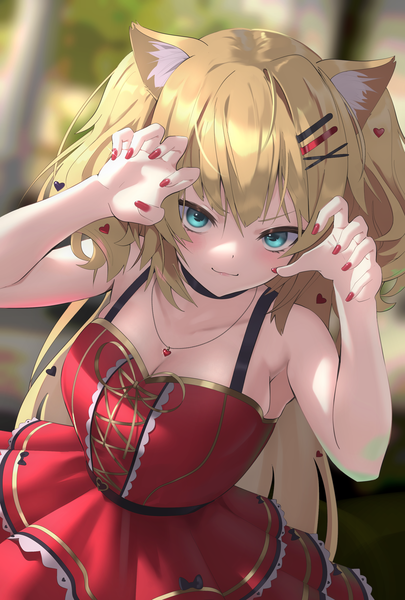 Anime picture 2362x3496 with virtual youtuber hololive akai haato akai haato (5th costume) mechjunk single long hair tall image looking at viewer fringe highres breasts blue eyes blonde hair smile hair between eyes large breasts bare shoulders animal ears cleavage