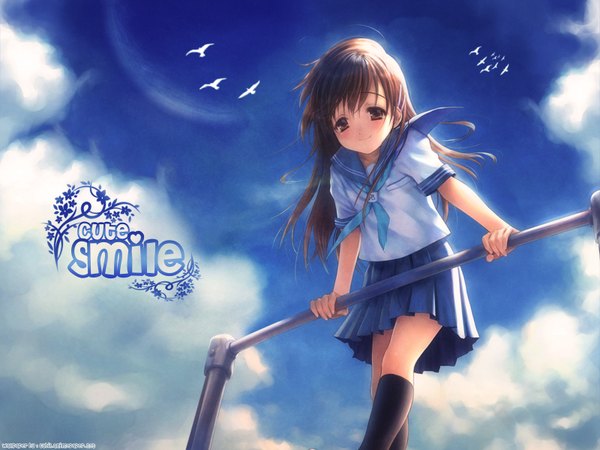 Anime picture 1600x1200 with narcissu sakura setsumi goto p single long hair looking at viewer fringe hair between eyes brown hair brown eyes sky cloud (clouds) outdoors pleated skirt sunlight inscription from below shaded face girl skirt