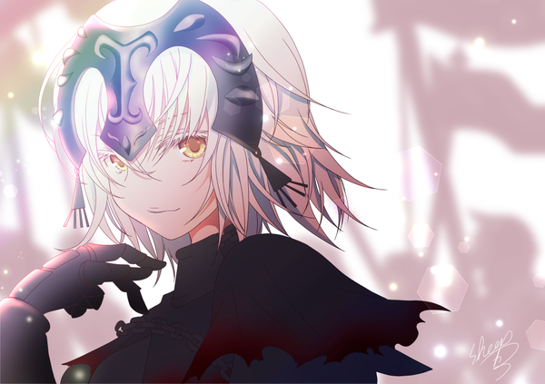 Anime picture 1032x728 with fate (series) fate/grand order jeanne d'arc (fate) (all) jeanne d'arc alter (fate) sheepd single looking at viewer fringe short hair hair between eyes signed yellow eyes silver hair upper body depth of field lens flare light girl armor chain