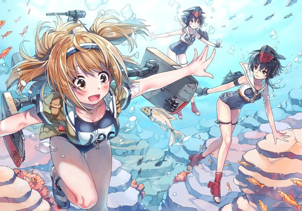 Anime picture 2000x1400 with kantai collection i-26 (kantai collection) i-13 (kantai collection) i-14 (kantai collection) rojiko long hair blush highres short hair breasts open mouth light erotic blonde hair smile brown hair large breasts twintails multiple girls brown eyes looking away