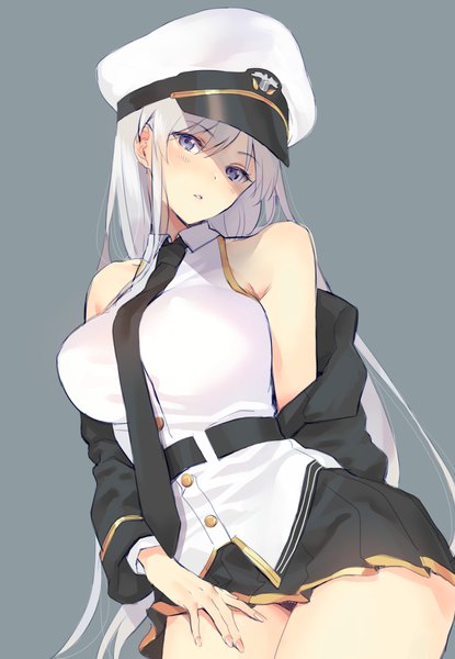 Anime picture 829x1198 with azur lane enterprise (azur lane) natsuhiko single long hair tall image looking at viewer blush fringe breasts light erotic simple background large breasts purple eyes bare shoulders silver hair parted lips head tilt pleated skirt off shoulder