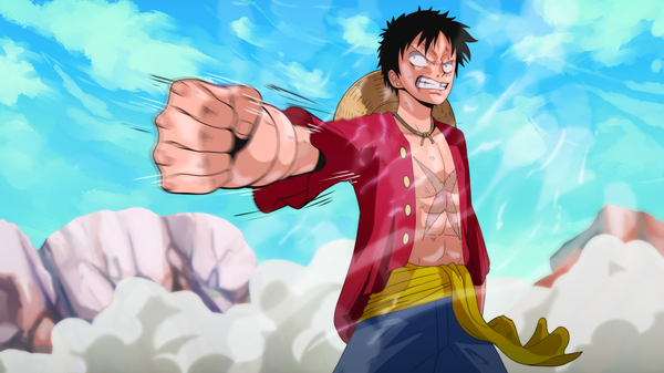 Anime picture 4000x2250 with one piece toei animation monkey d. luffy xenocracy (artist) single highres short hair black hair wide image absurdres sky cloud (clouds) black eyes open clothes open shirt grin scar smoke muscle angry