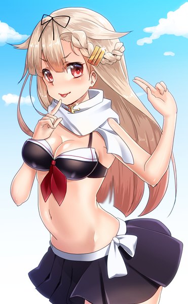 Anime picture 700x1132 with kantai collection yuudachi destroyer keita (tundereyuina) single long hair tall image fringe breasts light erotic blonde hair red eyes looking away sky cloud (clouds) finger to mouth :p remodel (kantai collection) adapted costume girl skirt