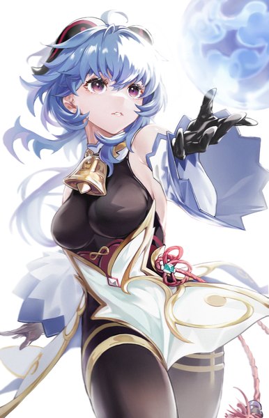 Anime picture 2894x4502 with genshin impact ganyu (genshin impact) faaallen single long hair tall image fringe highres breasts light erotic simple background hair between eyes standing white background purple eyes blue hair looking away ahoge horn (horns) wide sleeves