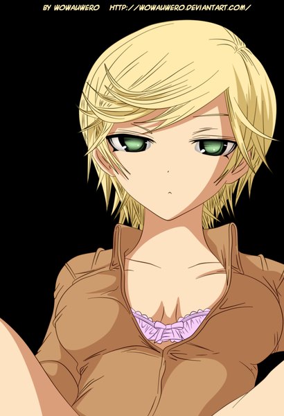 Anime picture 1368x2000 with minamoto-kun monogatari kiriyama aoi wowauwero (artist) single tall image looking at viewer short hair light erotic simple background blonde hair green eyes cleavage black background girl lingerie bra pink bra