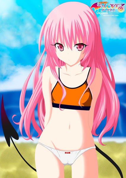 Anime picture 1200x1690 with toloveru toloveru darkness xebec nana asta deviluke gray699 single long hair tall image light erotic pink hair sky cloud (clouds) tail pink eyes sunlight inscription bare belly midriff beach coloring