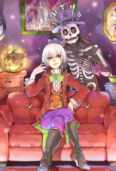Anime picture 1200x1770 with original rojiko tall image looking at viewer fringe short hair red eyes sitting white hair halloween skeleton boy hat knee boots couch suit crown vegetables jack-o'-lantern pumpkin