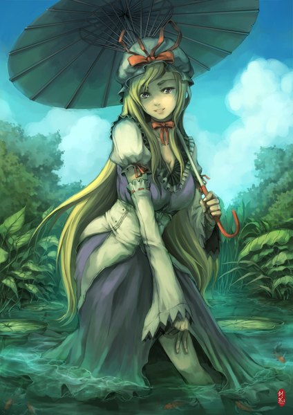 Anime picture 800x1132 with touhou yakumo yukari jianran pan single tall image fringe breasts blonde hair smile standing purple eyes sky cloud (clouds) wet wet clothes girl ribbon (ribbons) plant (plants) detached sleeves water