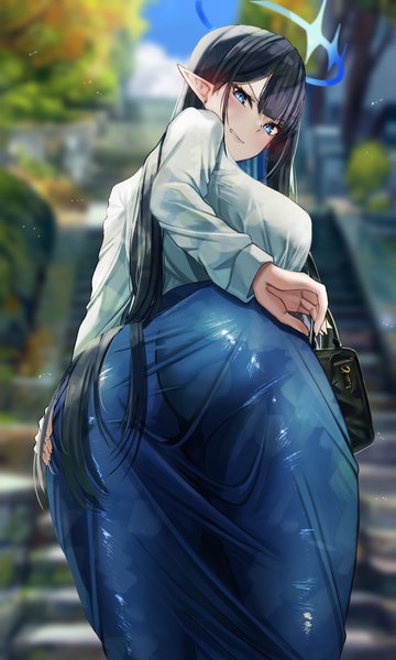 Anime-Bild 1500x2500 mit blue archive rin (blue archive) nicky w single long hair tall image looking at viewer blush fringe breasts blue eyes light erotic black hair standing outdoors ass blunt bangs long sleeves looking back pointy ears