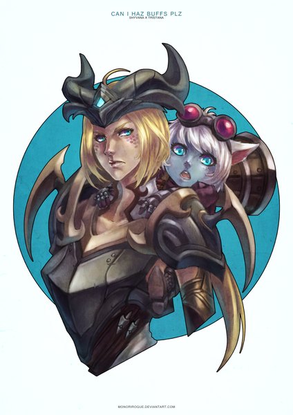 Anime picture 2480x3508 with league of legends shyvana (league of legends) tristana (league of legends) monori rogue tall image looking at viewer highres short hair open mouth blue eyes blonde hair multiple girls looking away silver hair lips goggles on head blue skin girl 2 girls armor