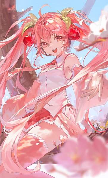 Anime picture 1000x1655 with vocaloid hatsune miku sakura miku punu 26 single tall image looking at viewer fringe open mouth hair between eyes sitting twintails pink hair ahoge very long hair :d pleated skirt pink eyes depth of field cherry blossoms